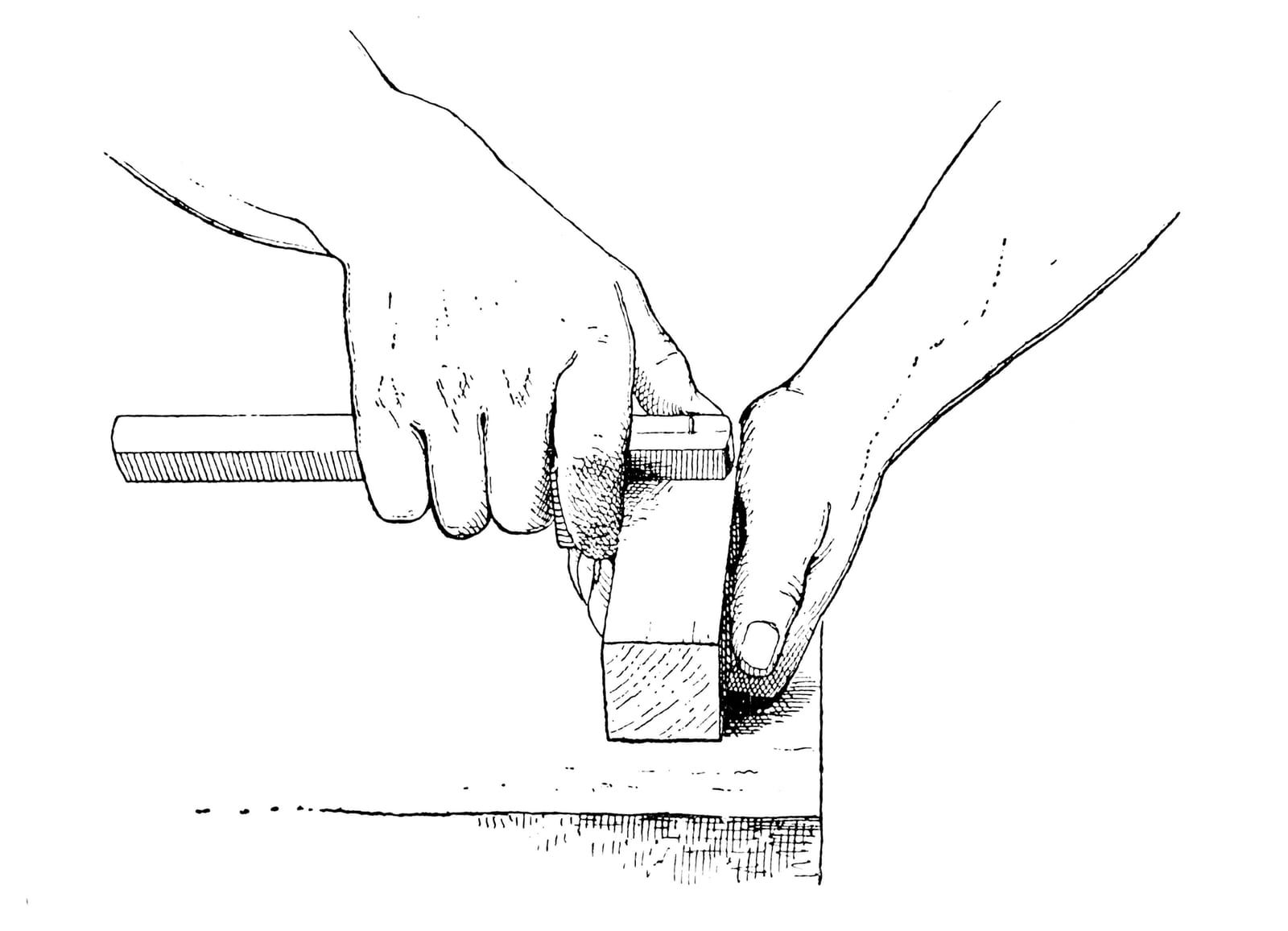 A drawing of two hands running a marking gauge along the edge of a board