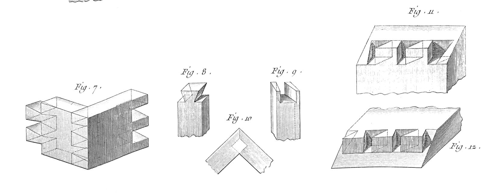An engraving of a dovetailed corner and boards with their sockets cut